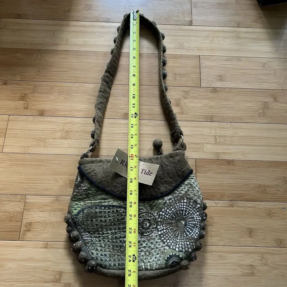 Rising Tide Wool Felted Shoulder Bag Purse Olive Green Artsy Handmade Zipper